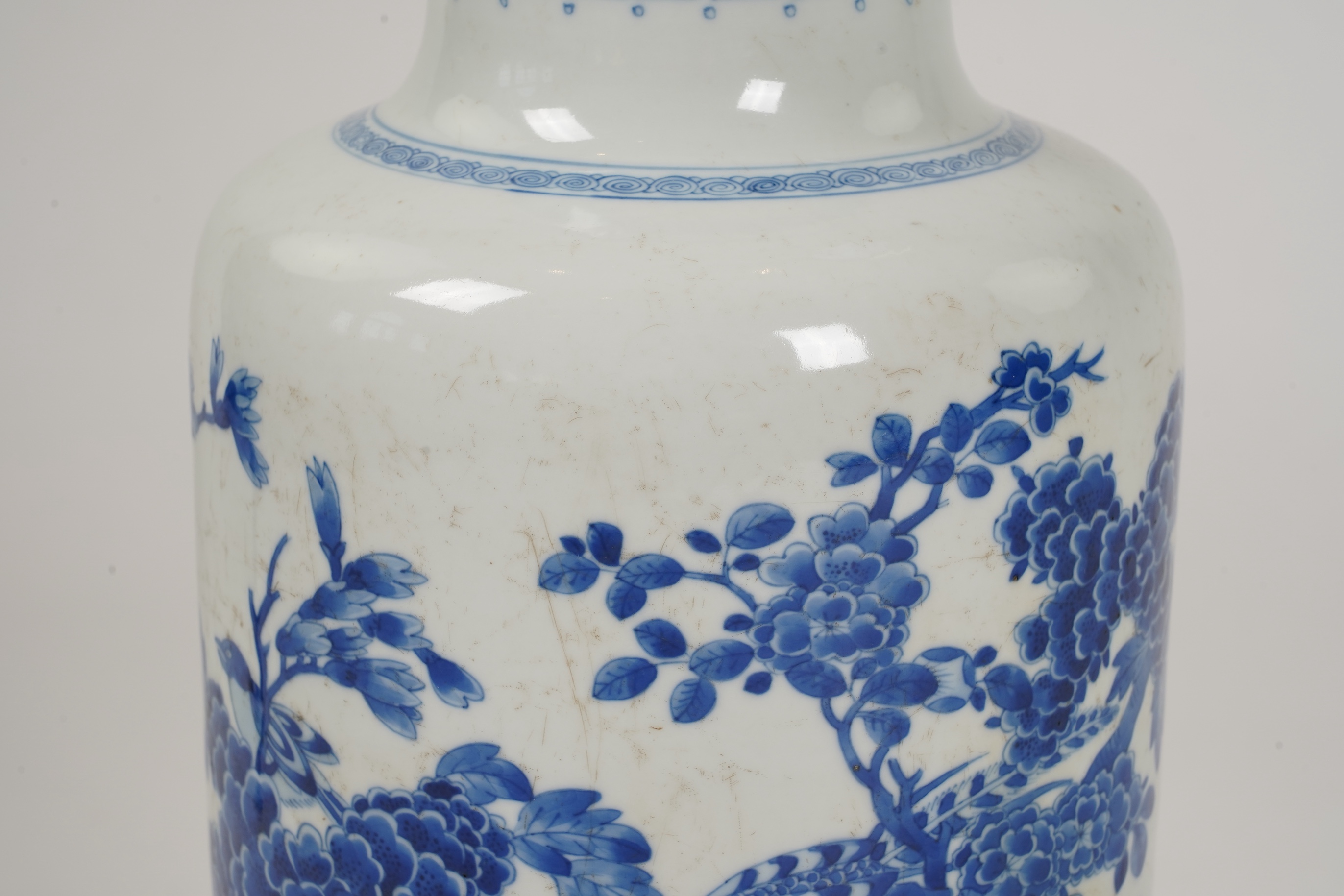 A Chinese blue and white rouleau vase, probably Kangxi (1662-1722)